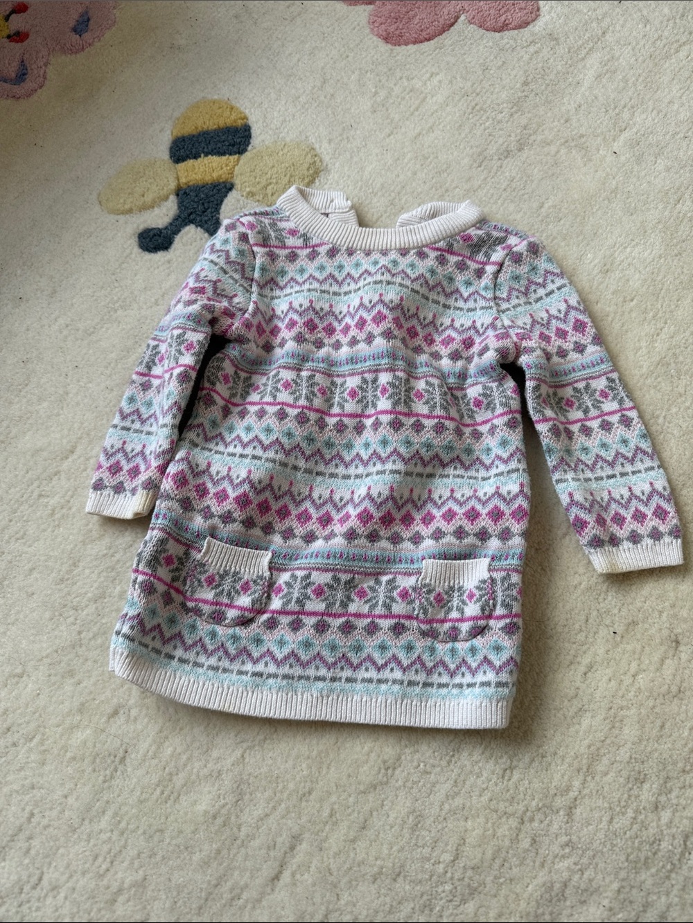 Cat & Jack Cream Knit Sweater Dress with Pink & Teal Fair Isle Pattern